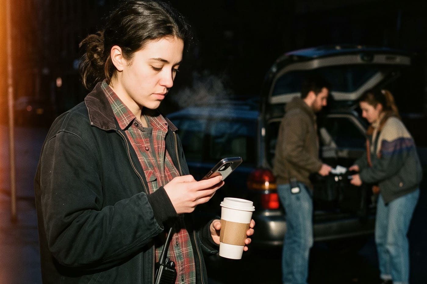 A crew member with a coffee checking her phone beside a car with the boot open at dawn