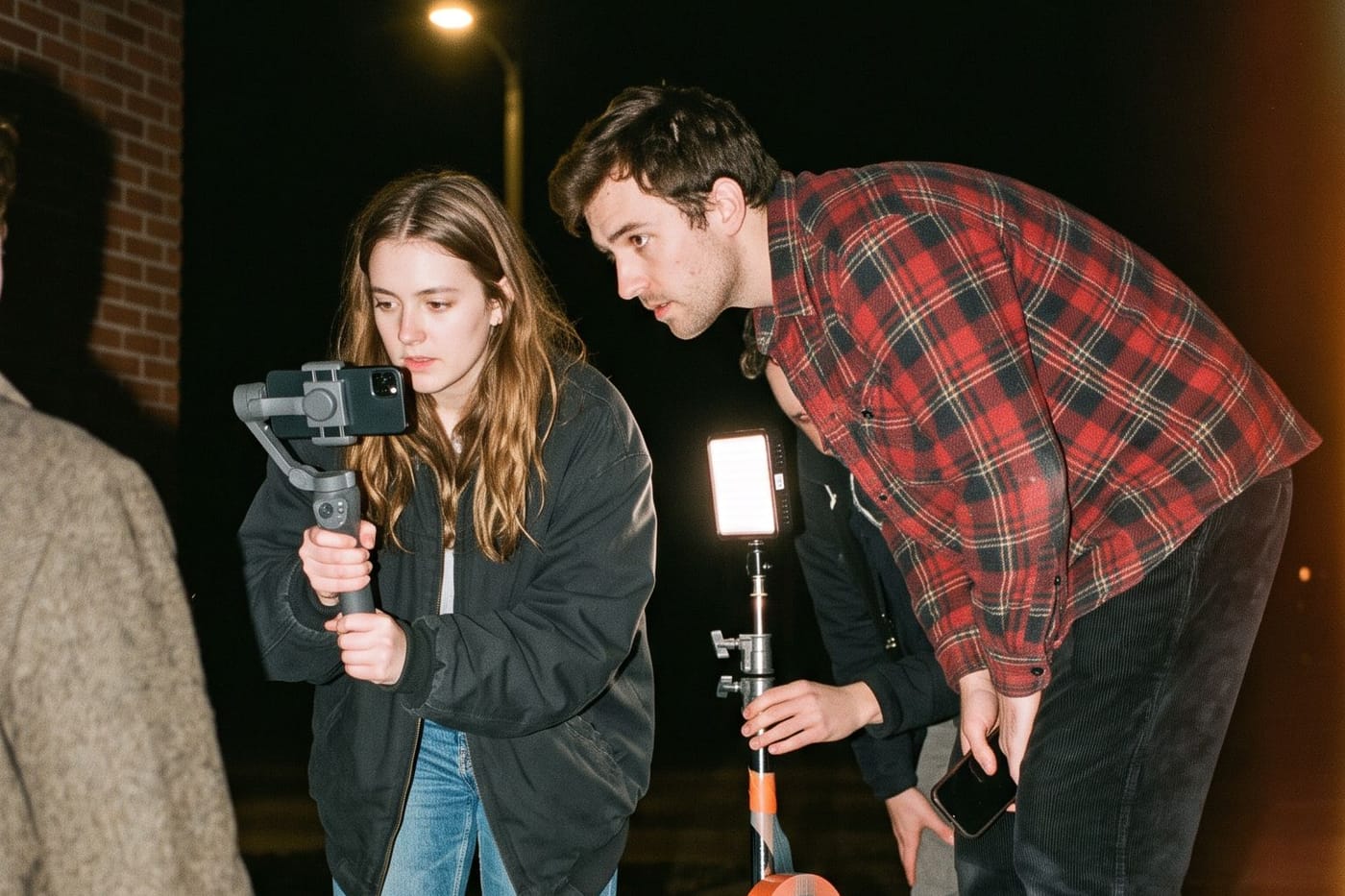 Two filmmakers at night lining up a shot on a phone mounted to a gimbal