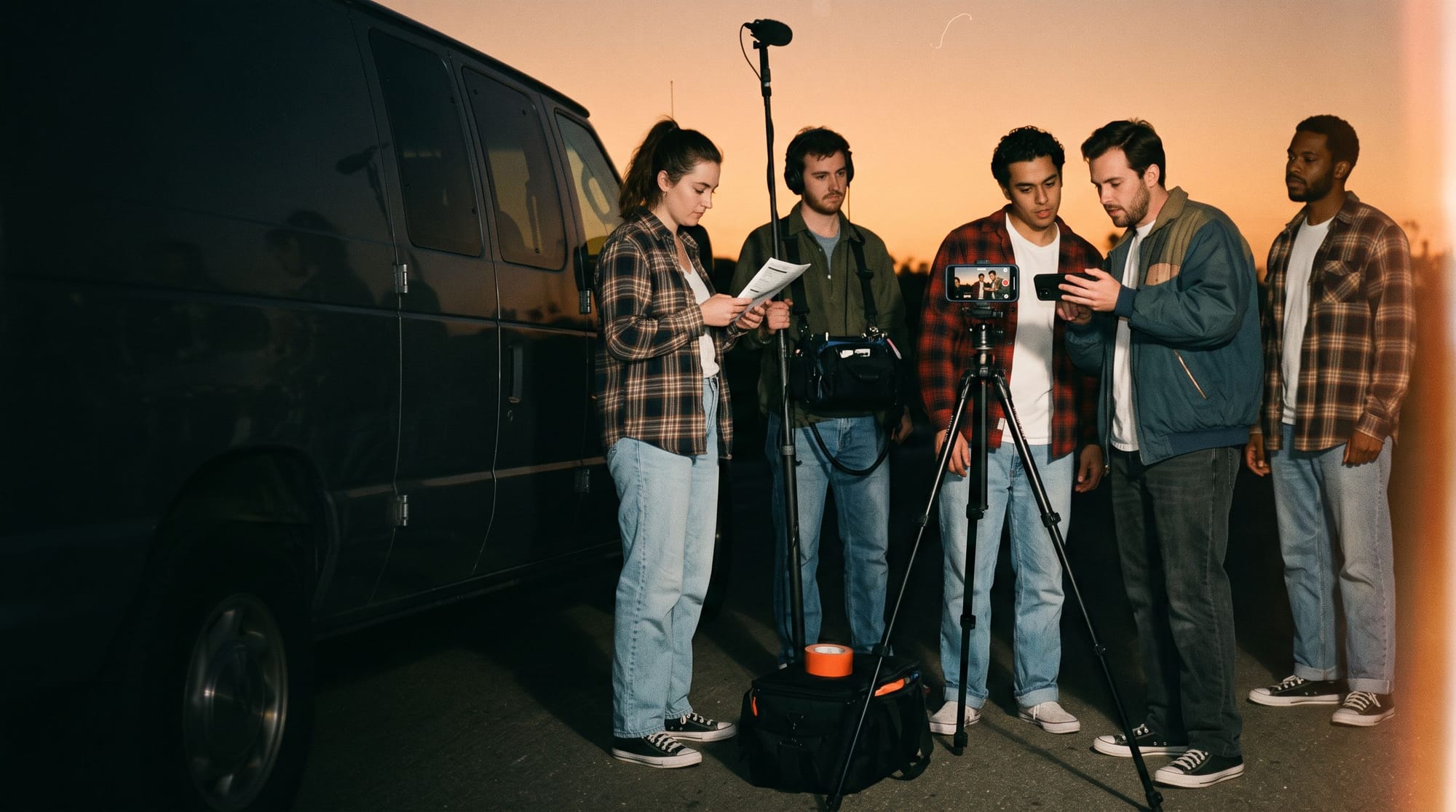 A small crew gathered around a phone on a tripod beside their van at sunset, checking the shot