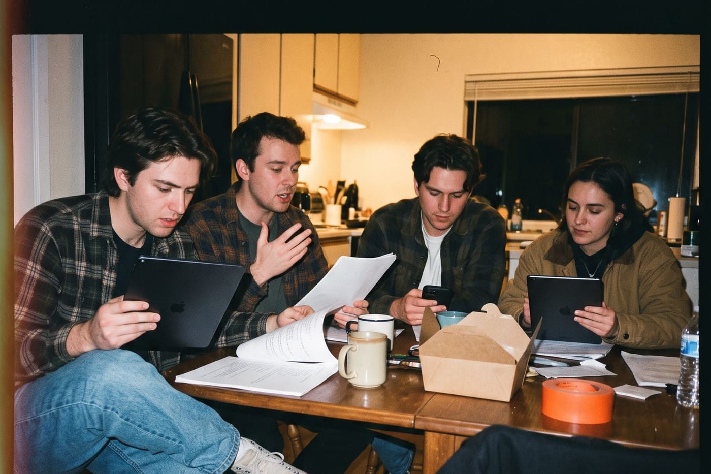 Four people at a kitchen table running a table read, pages in front of them and tablets in their laps