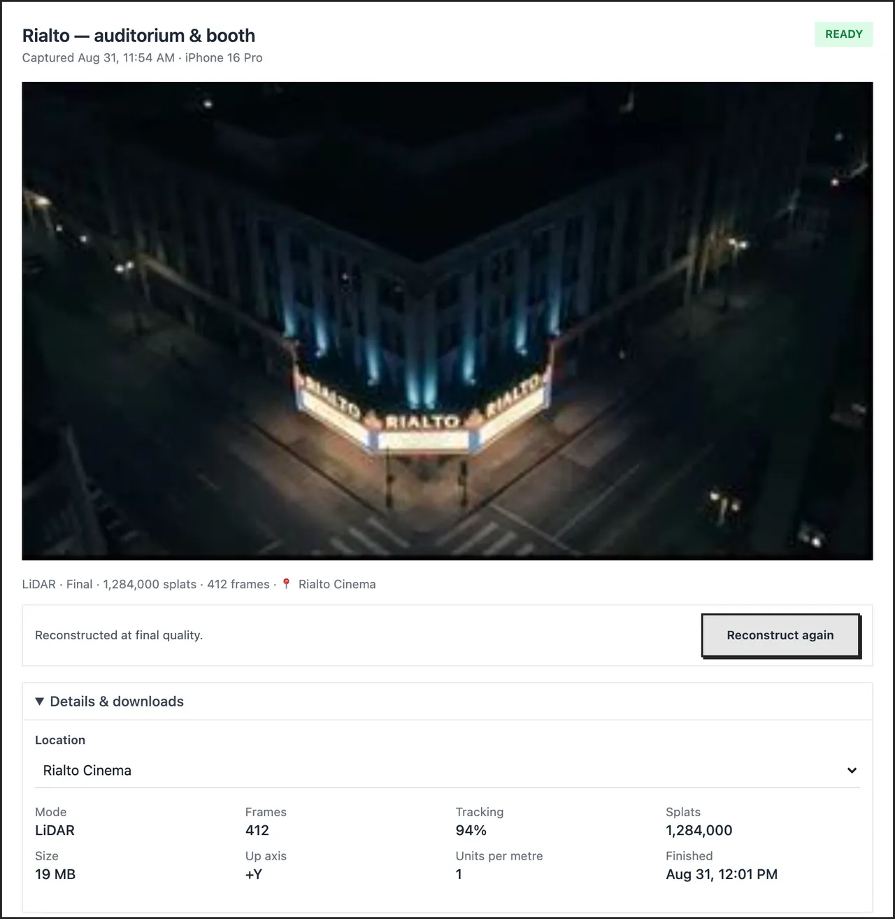 Details & downloads open, with the Location picker and the capture stats
