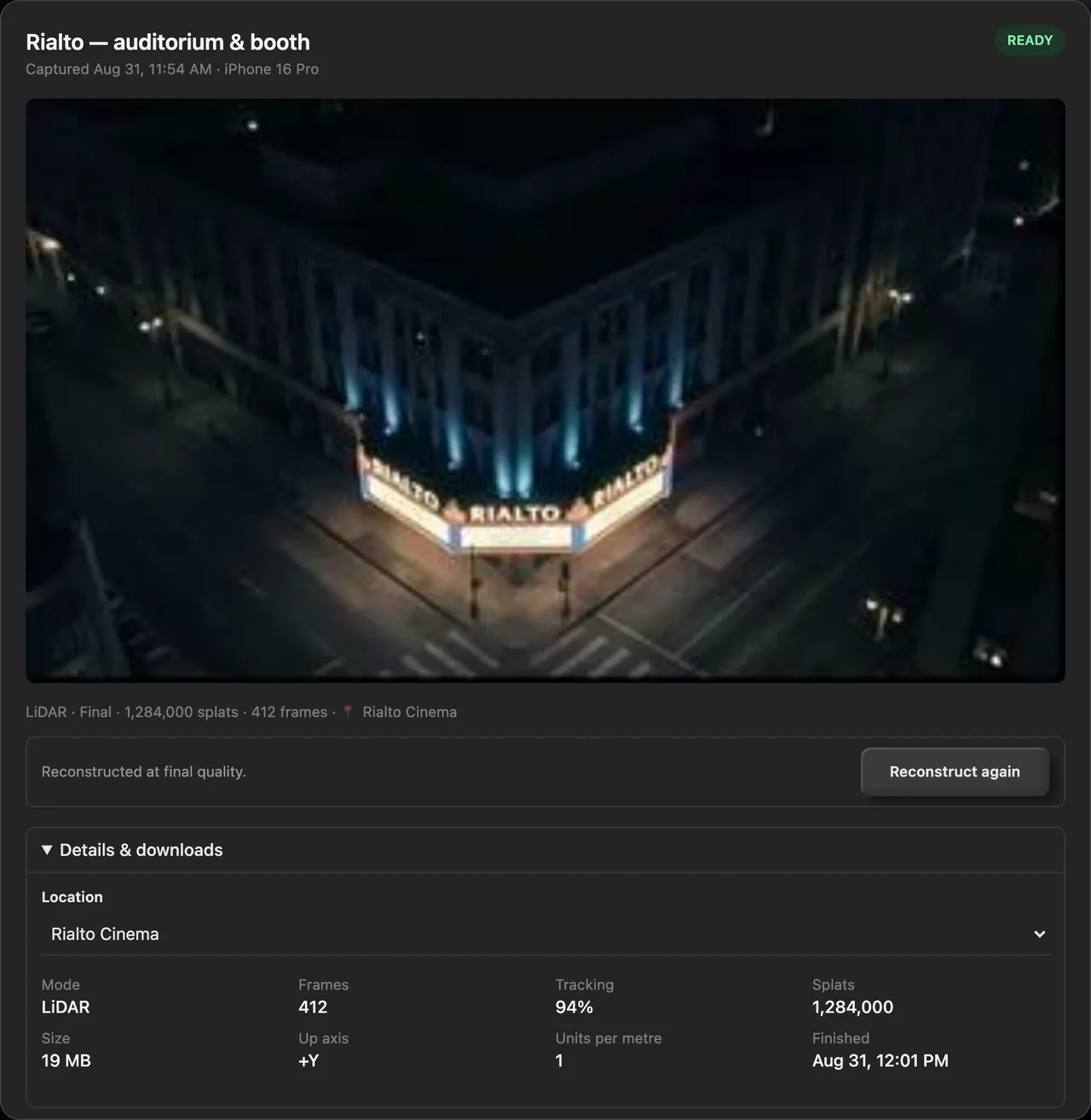 Details & downloads open, with the Location picker and the capture stats