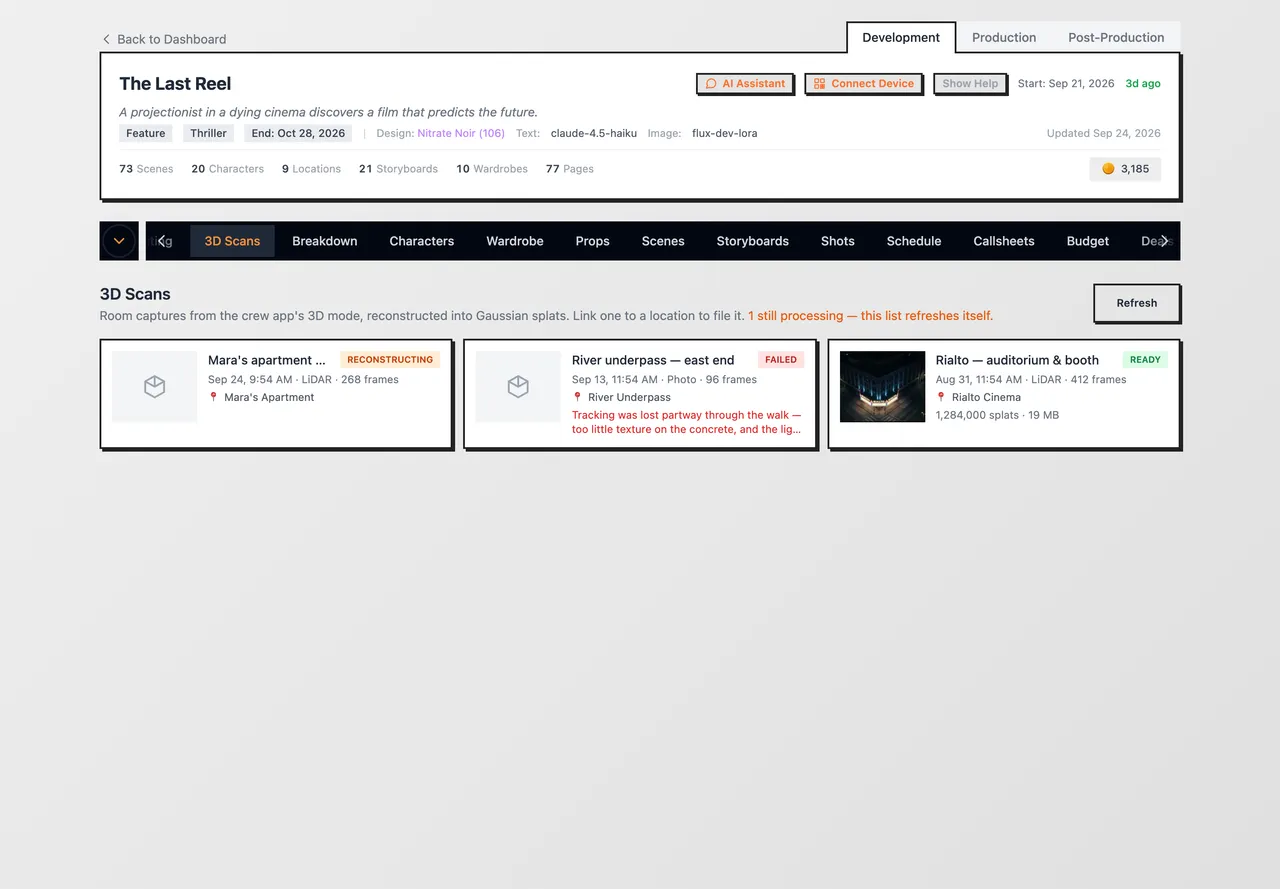 The 3D Scans tab with a ready, a reconstructing and a failed scan
