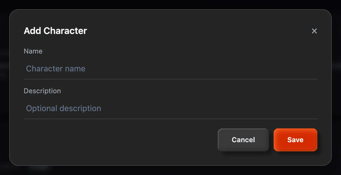 The Add Character form with Name and Description fields