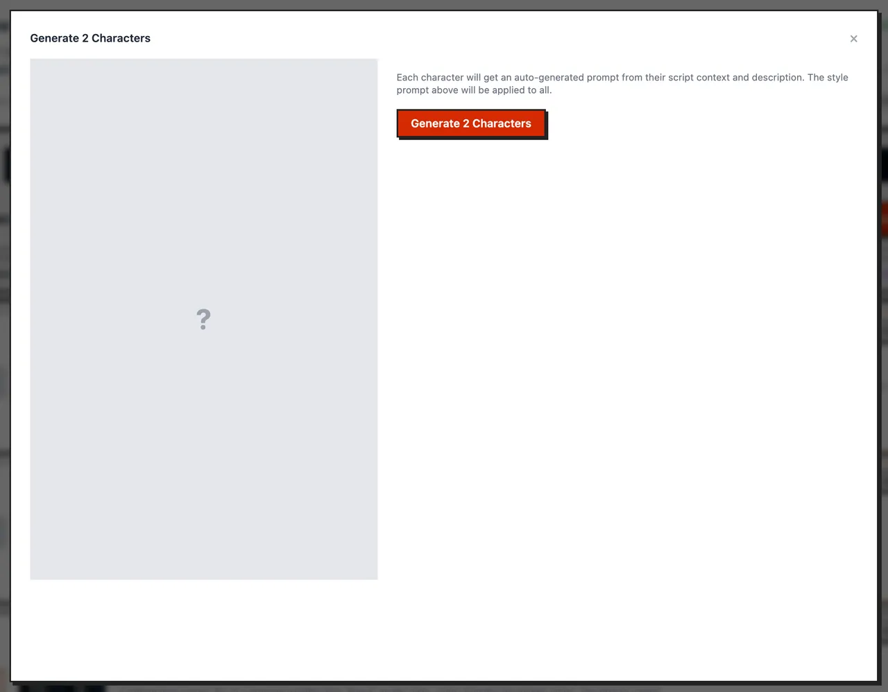 The Generate 2 Characters window with a note on how each prompt is built and the Generate 2 Characters button