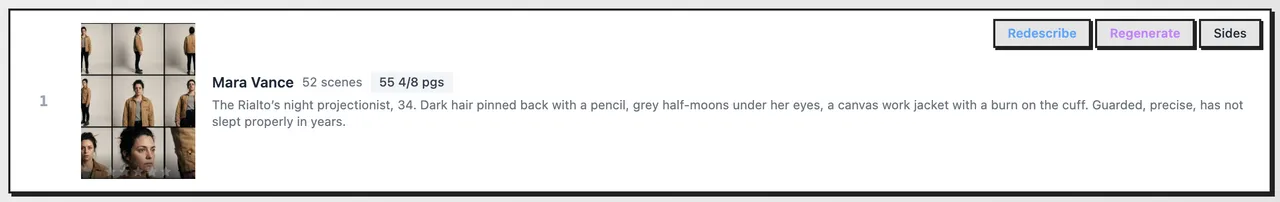 Mara Vance's row: 52 scenes, 55 4/8 pgs, her picture, her description, and the Redescribe, Regenerate and Sides buttons
