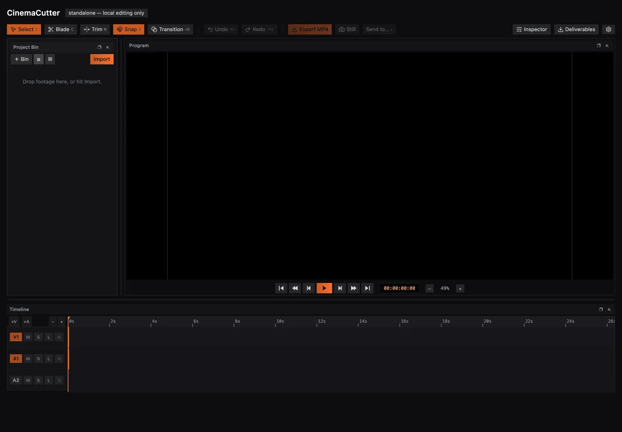 CinemaCutter with the Project Bin, the Program monitor, the timeline and the toolbar