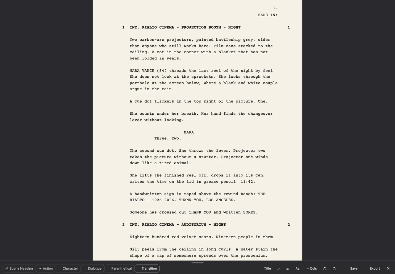 A screenplay open in CinemaWriter, with the format bar along the bottom