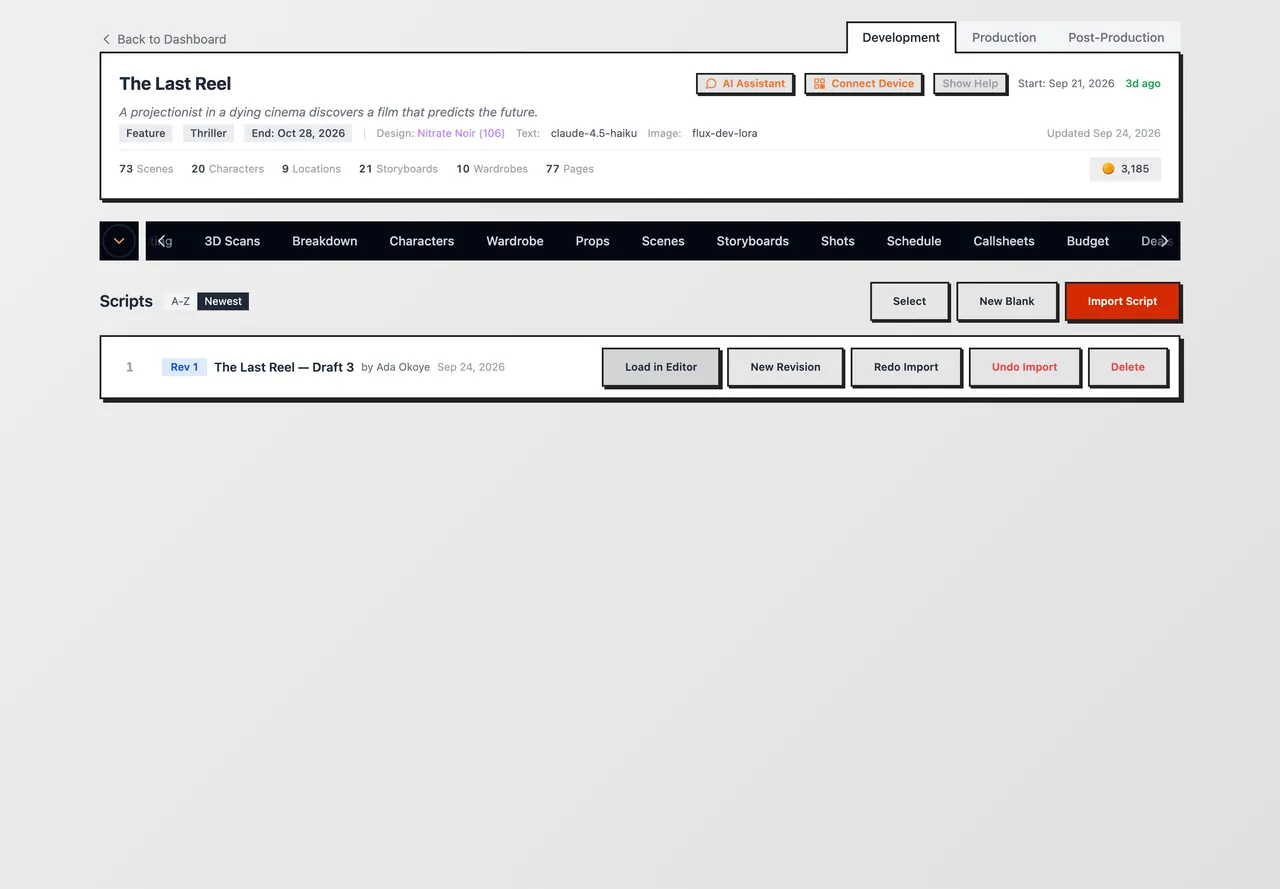 A draft on the Scripts tab with Load in Editor and New Revision