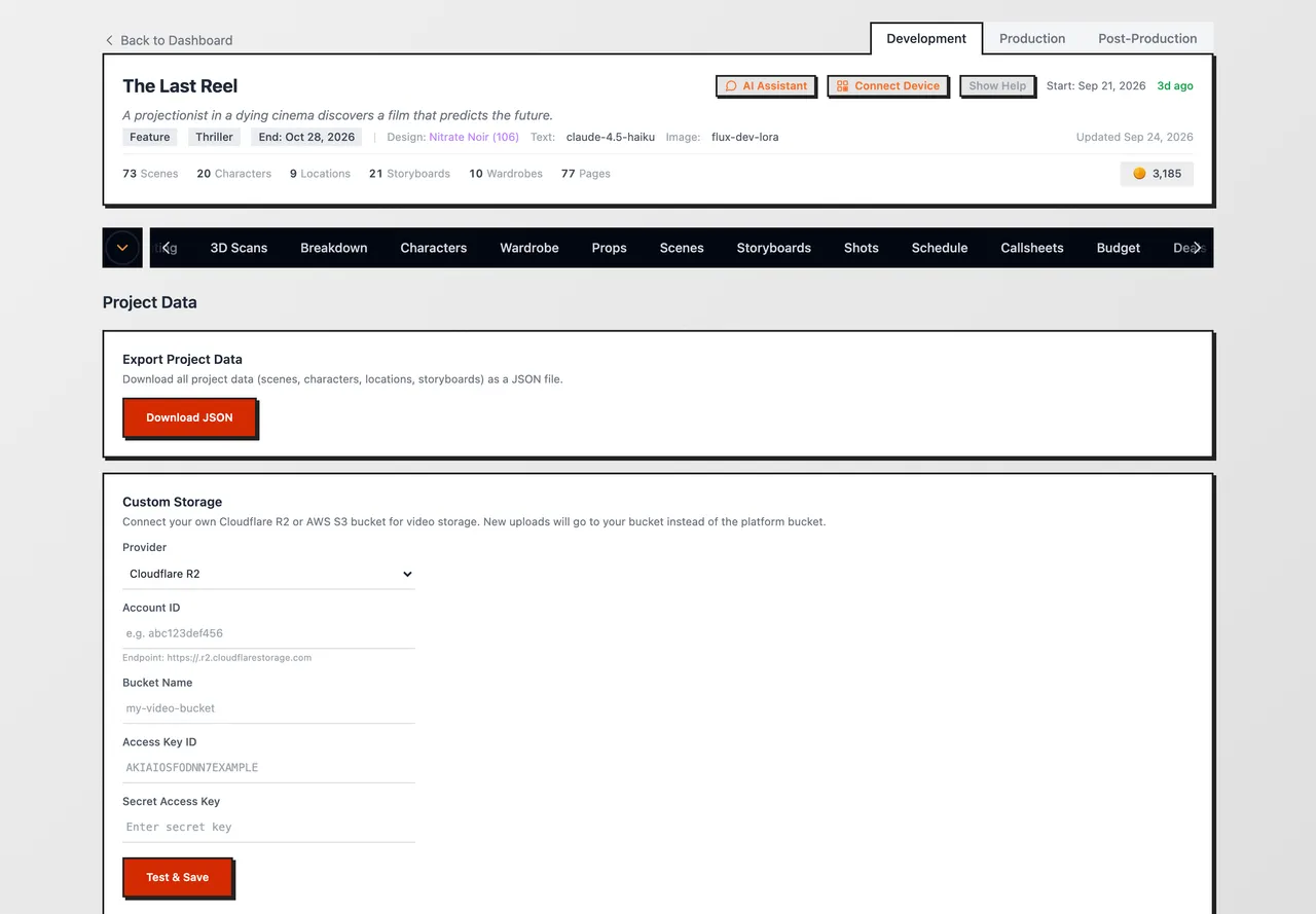 The Data tab with Export Project Data, Custom Storage and Delete Project