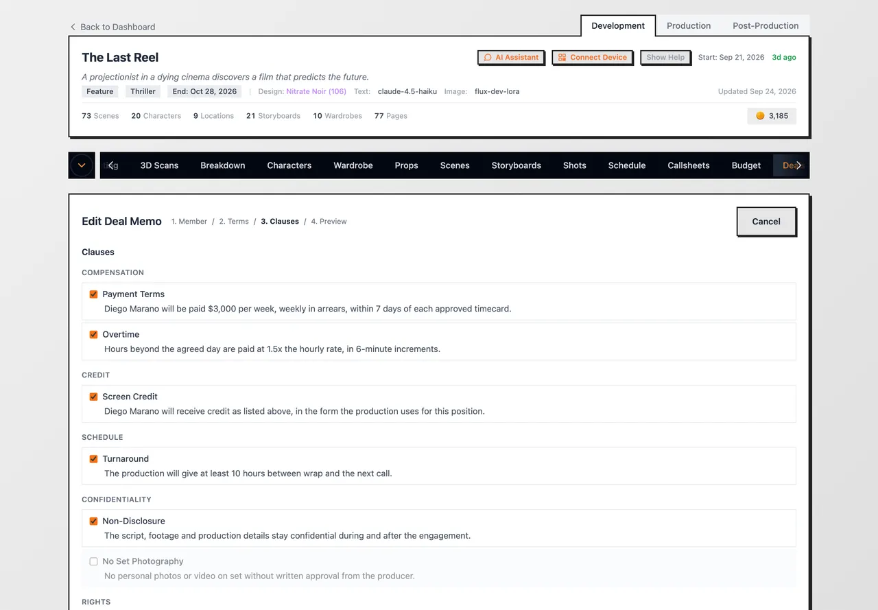 Step 3, the clauses grouped by type, each with a tick box