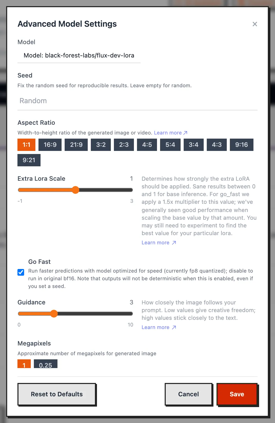 The settings window for the flux-dev-lora model