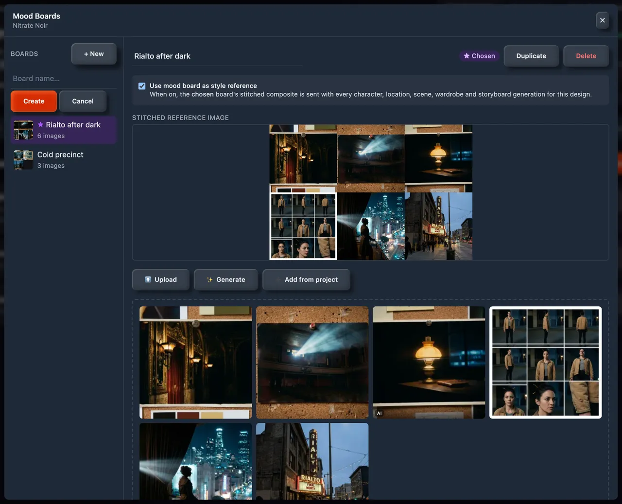 The Mood Boards window with the new-board name box, Create and Cancel