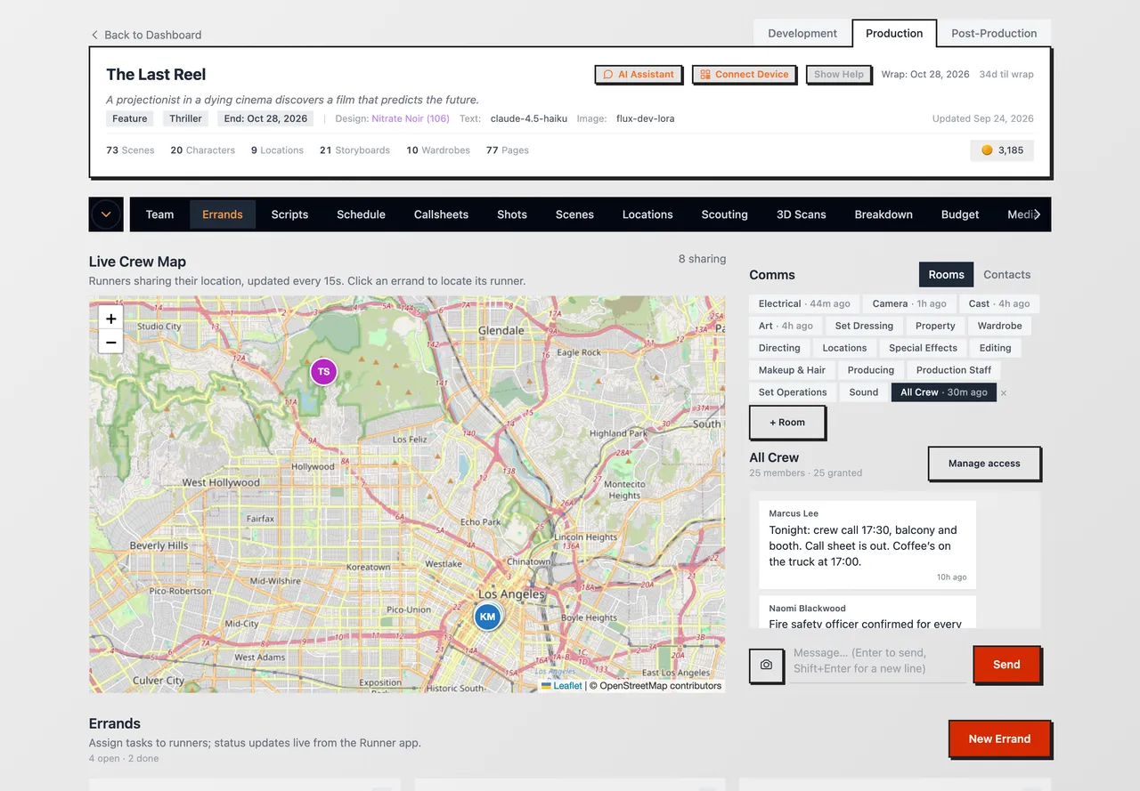 The Errands tab with the crew map, comms and the errands board