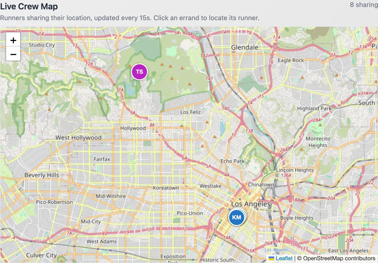A live map of downtown Los Angeles with six crew member markers
