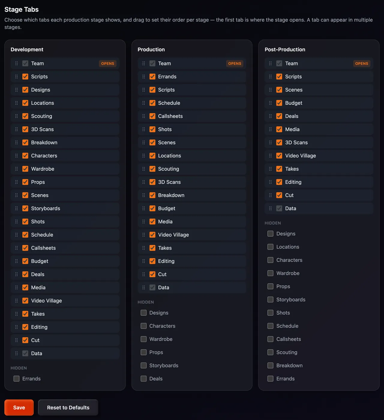 Settings → Stages with a card per stage, drag handles, the opens badge and the Hidden list