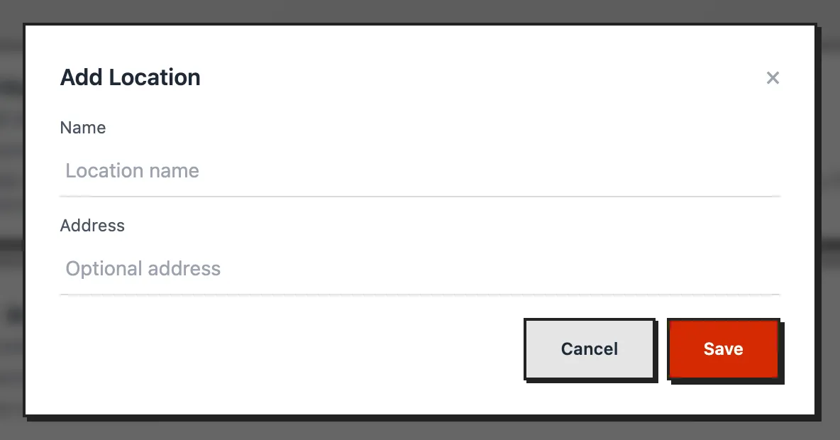 The Add Location form with Name and Address fields