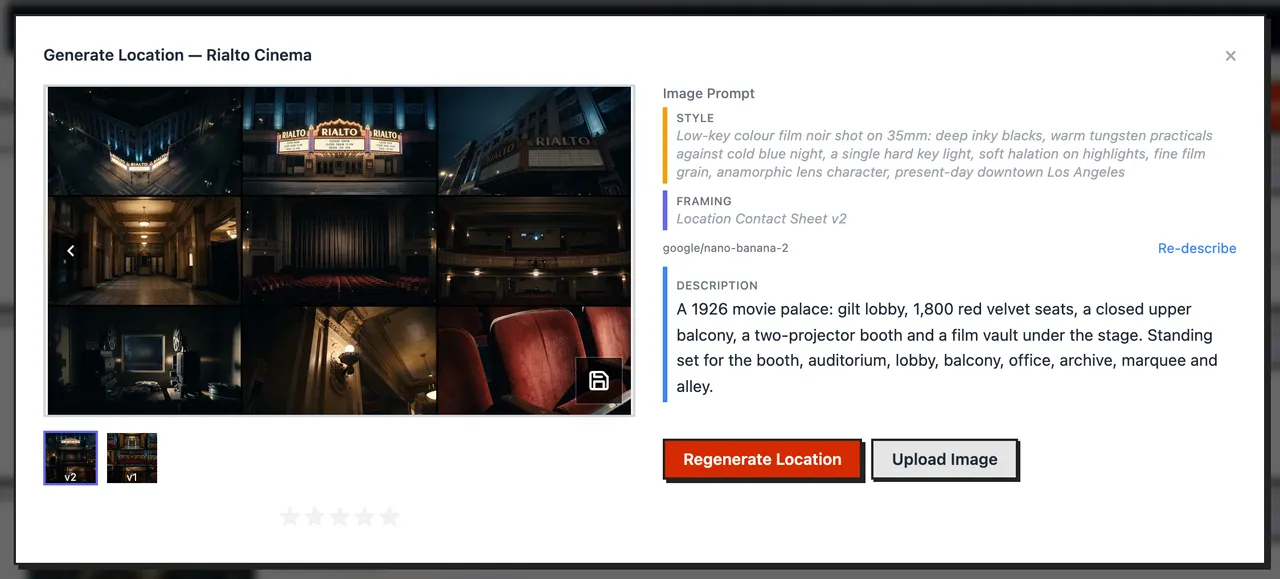 The Generate Location window for Rialto Cinema, with two versions and the Regenerate Location and Upload Image buttons