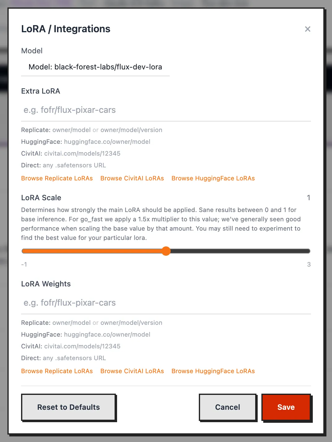 The LoRA / Integrations window with Extra LoRA, LoRA Scale and LoRA Weights