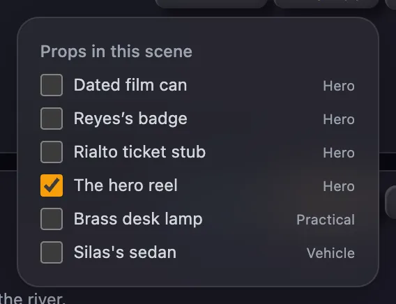 Props in this scene for scene 1, with the hero reel ticked