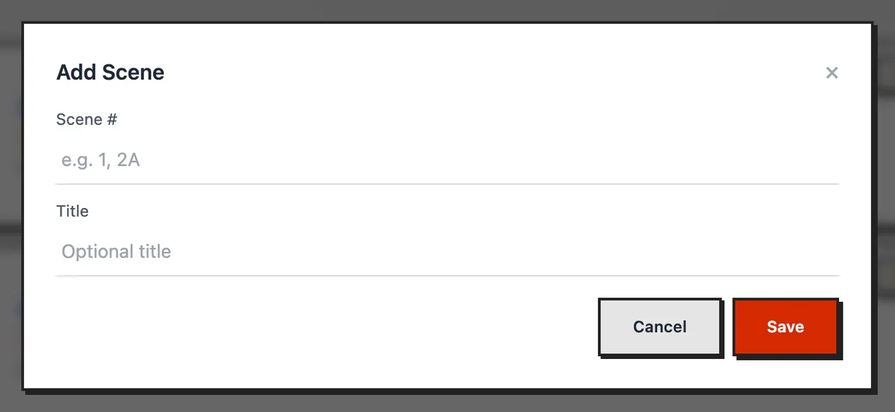 The Add Scene form with Scene # and Title fields