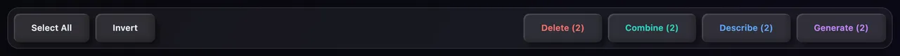 The select bar with Select All, Invert, Delete (2), Combine (2), Describe (2) and Generate (2)