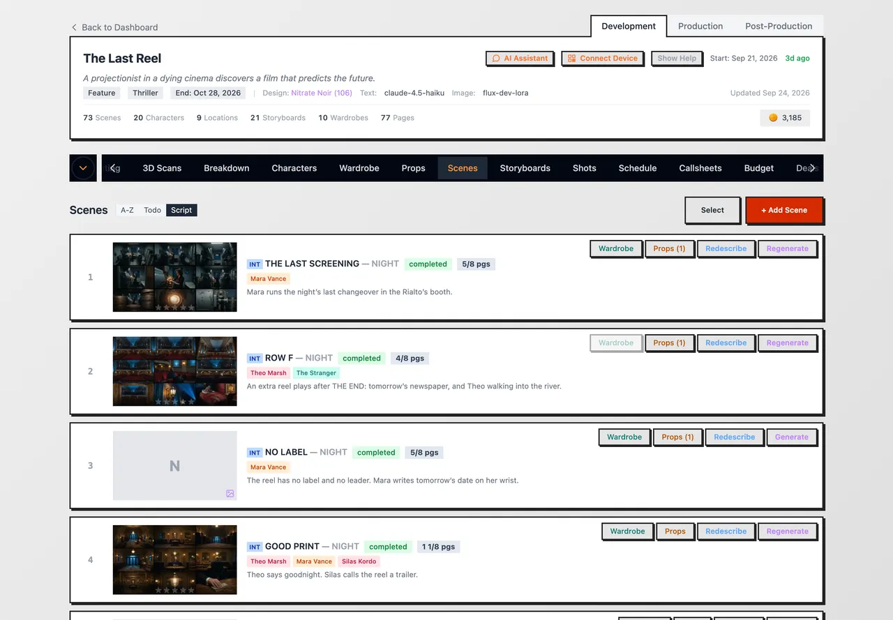 The Scenes tab after a breakdown, each scene with its heading, time of day, page eighths and the characters in it