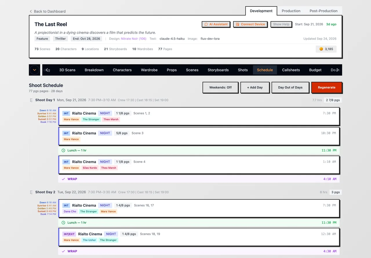 The shoot schedule: six days with crew, cast and set times, a scene strip on day one, and lunch and wrap on the clock
