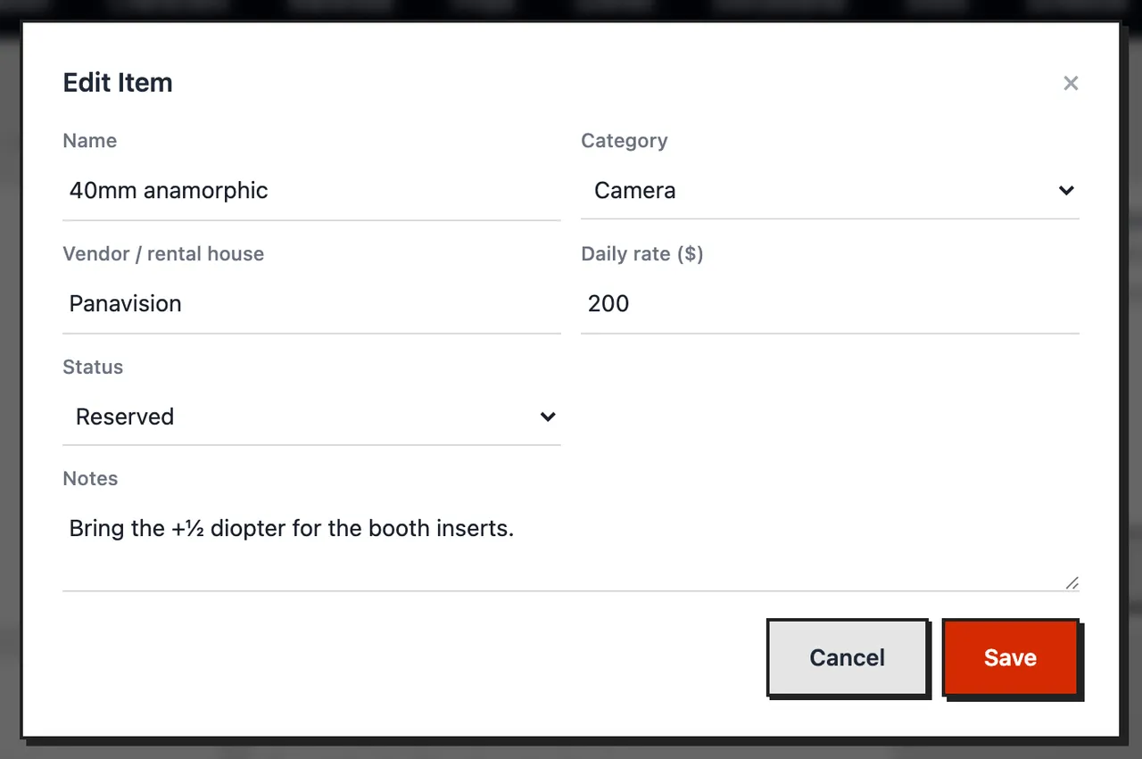 Editing the 40mm anamorphic item, with its status set to Reserved