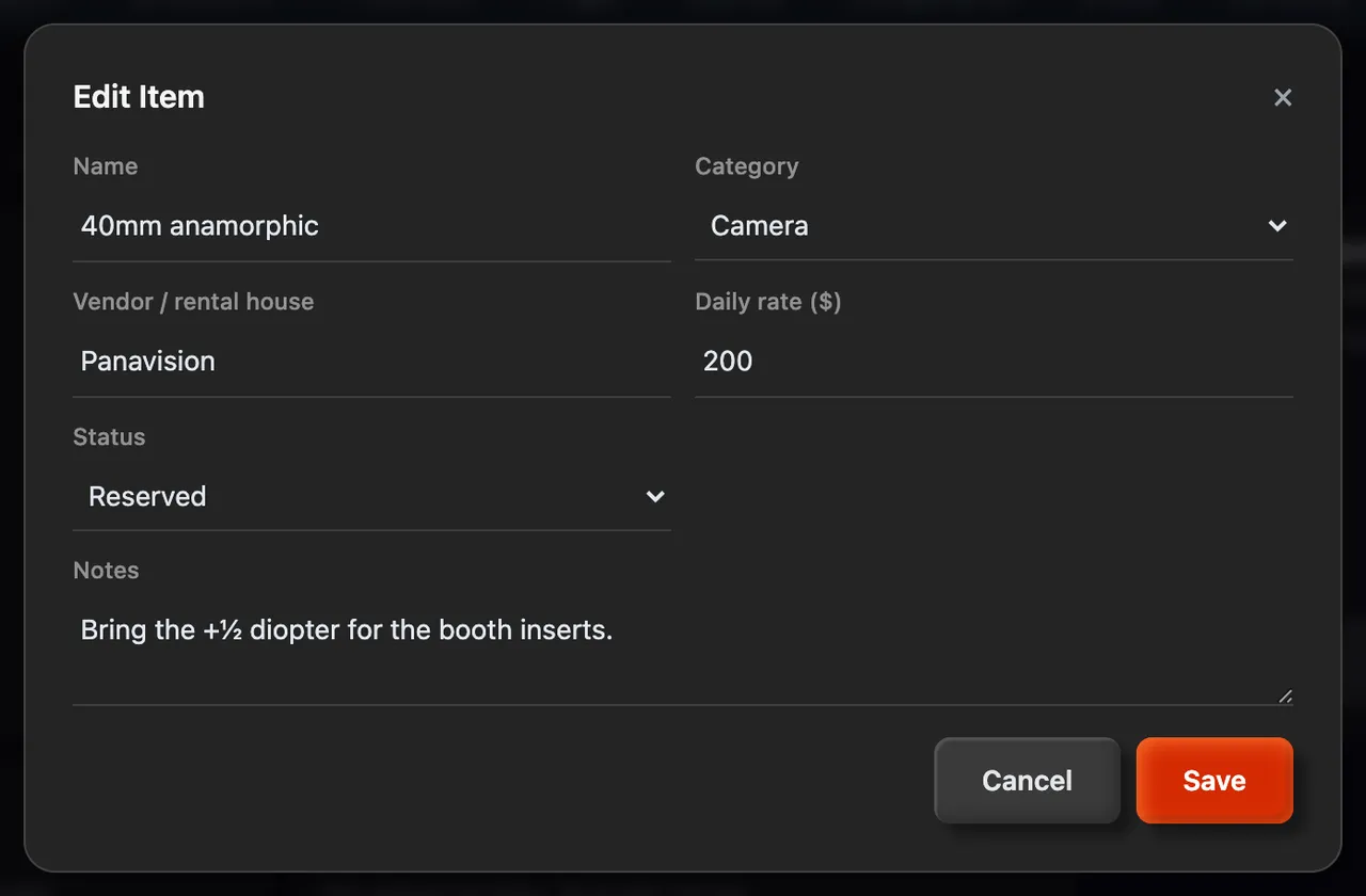 Editing the 40mm anamorphic item, with its status set to Reserved