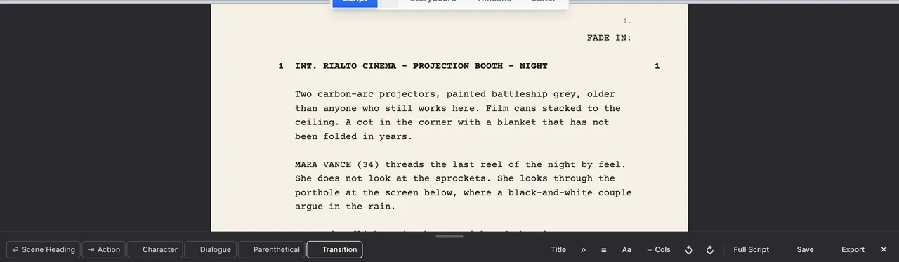Scene 1 of Draft 3 set as a cream screenplay page