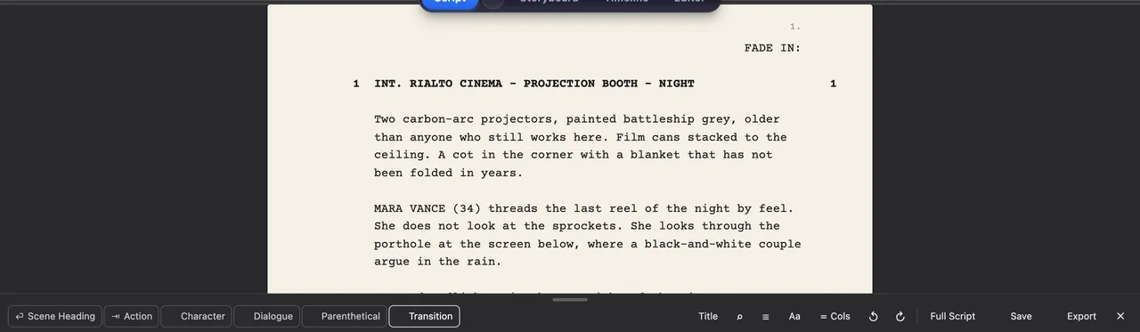 Scene 1 of Draft 3 set as a cream screenplay page