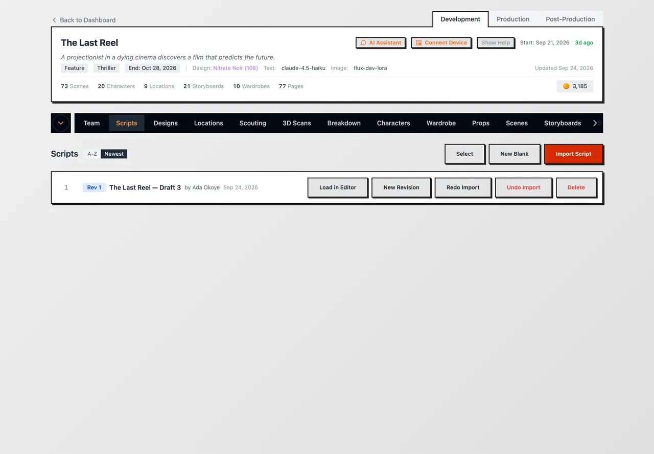 The Scripts tab with a draft listed by revision number, author and date, beside buttons to open it in the editor or start a new revision