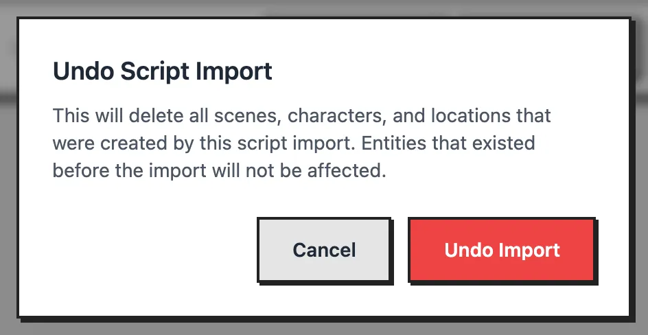 The Undo Script Import window with Cancel and Undo Import buttons