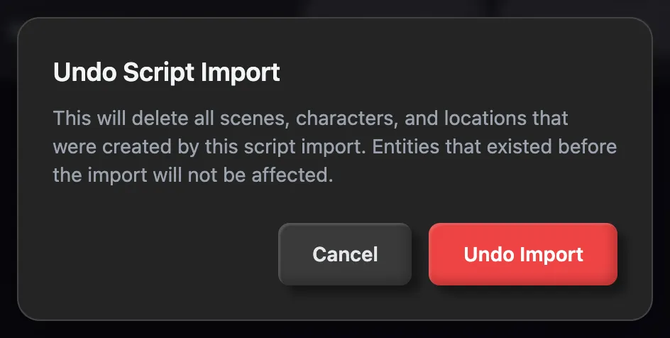 The Undo Script Import window with Cancel and Undo Import buttons