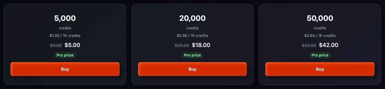 Three credit packs with plus and minus buttons, and the order total under them