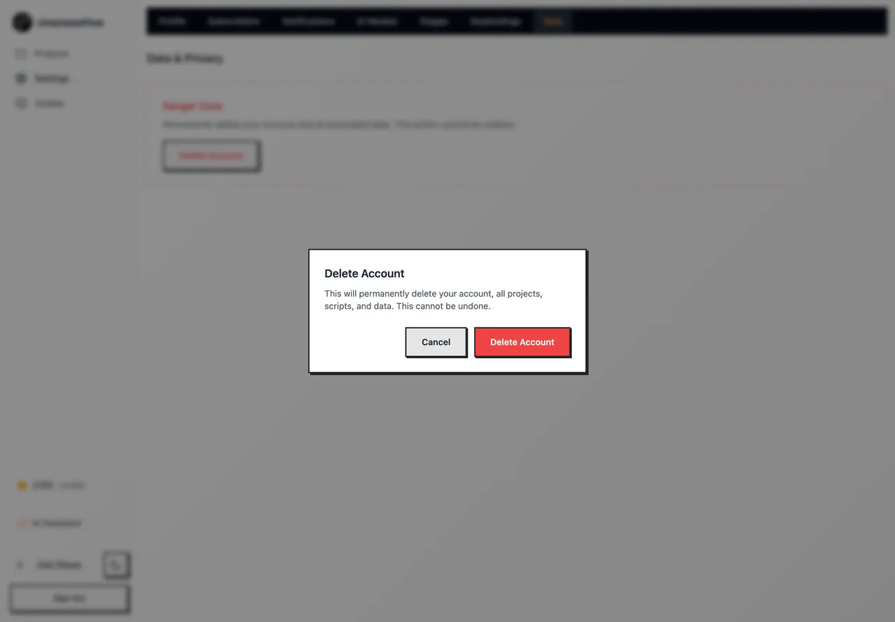 The Delete Account confirmation window