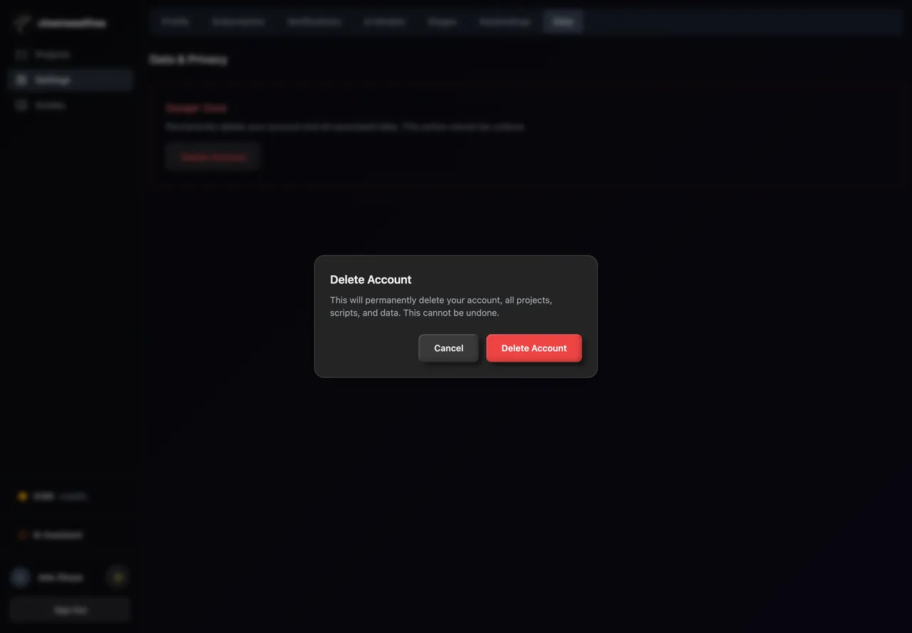 The Delete Account confirmation window