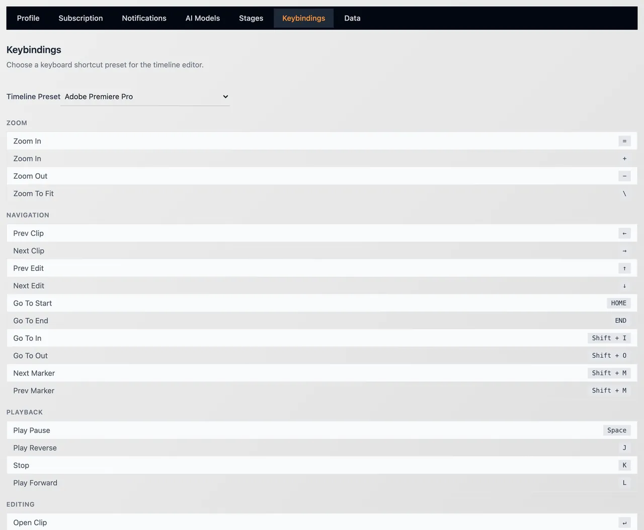 The Keybindings tab with the Timeline Preset menu and the list of keys