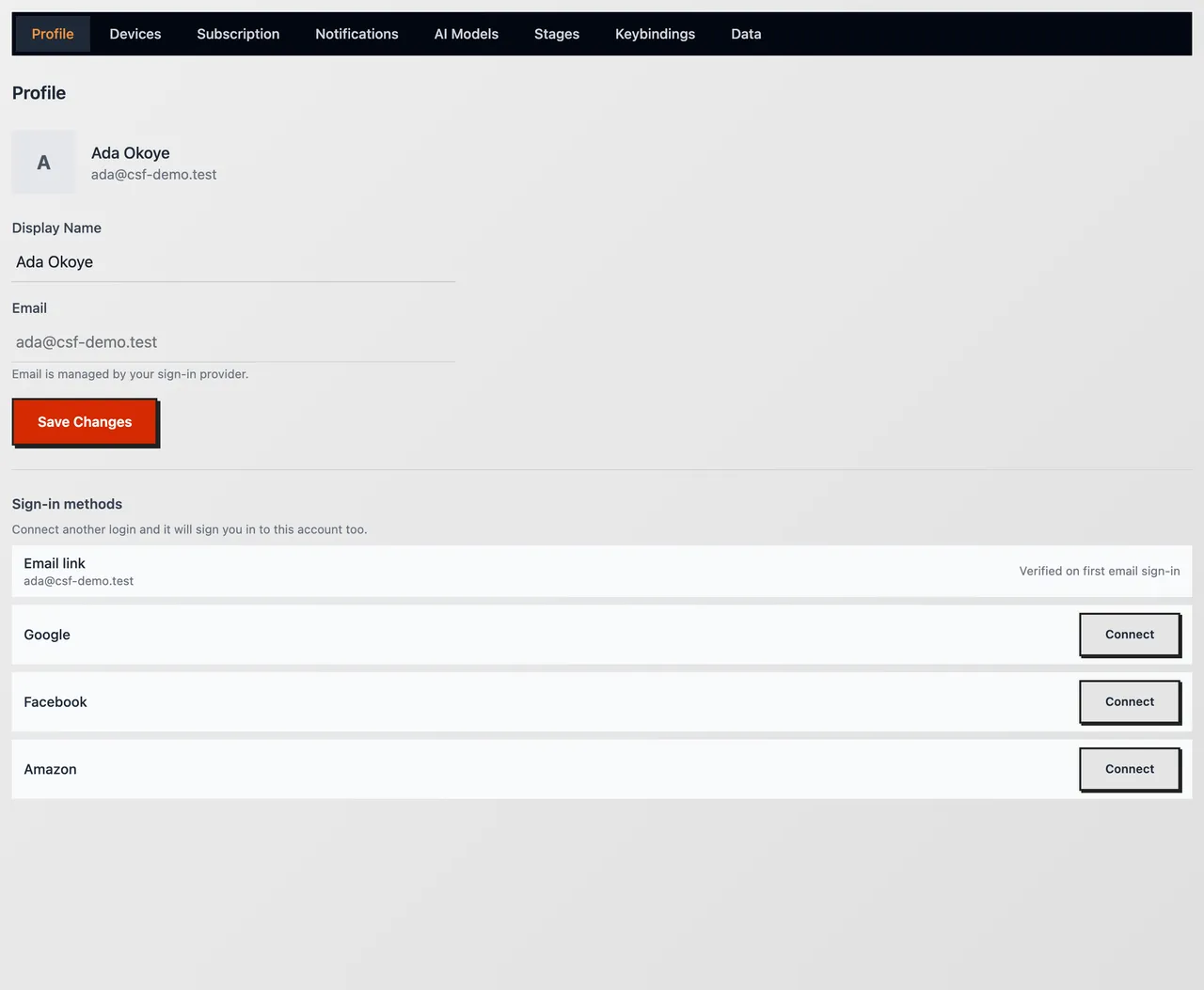 The Profile settings page