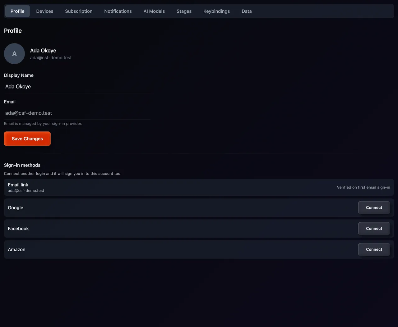 The Profile settings page