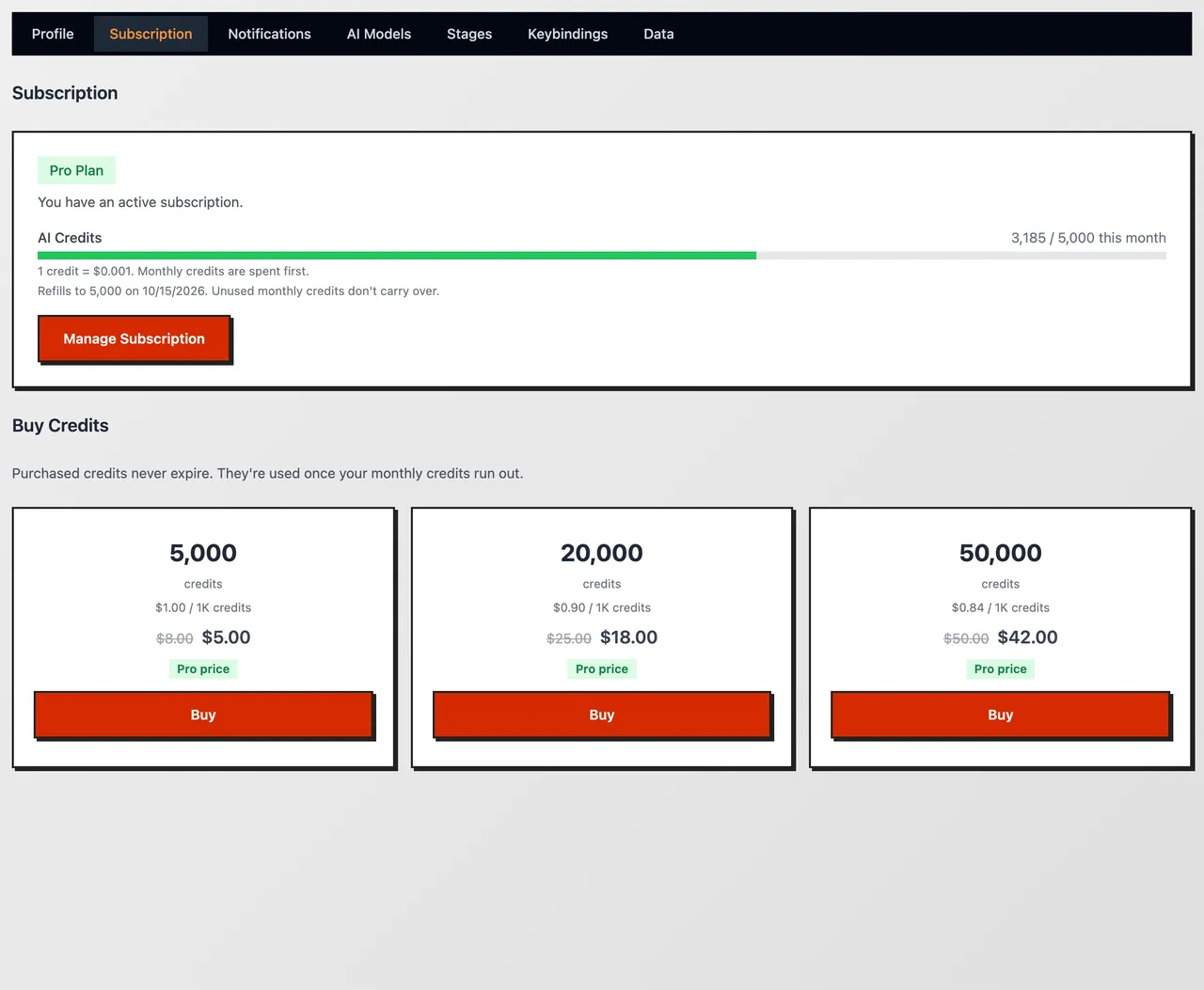 The Subscription tab with your plan on the left and your credit balance on the right