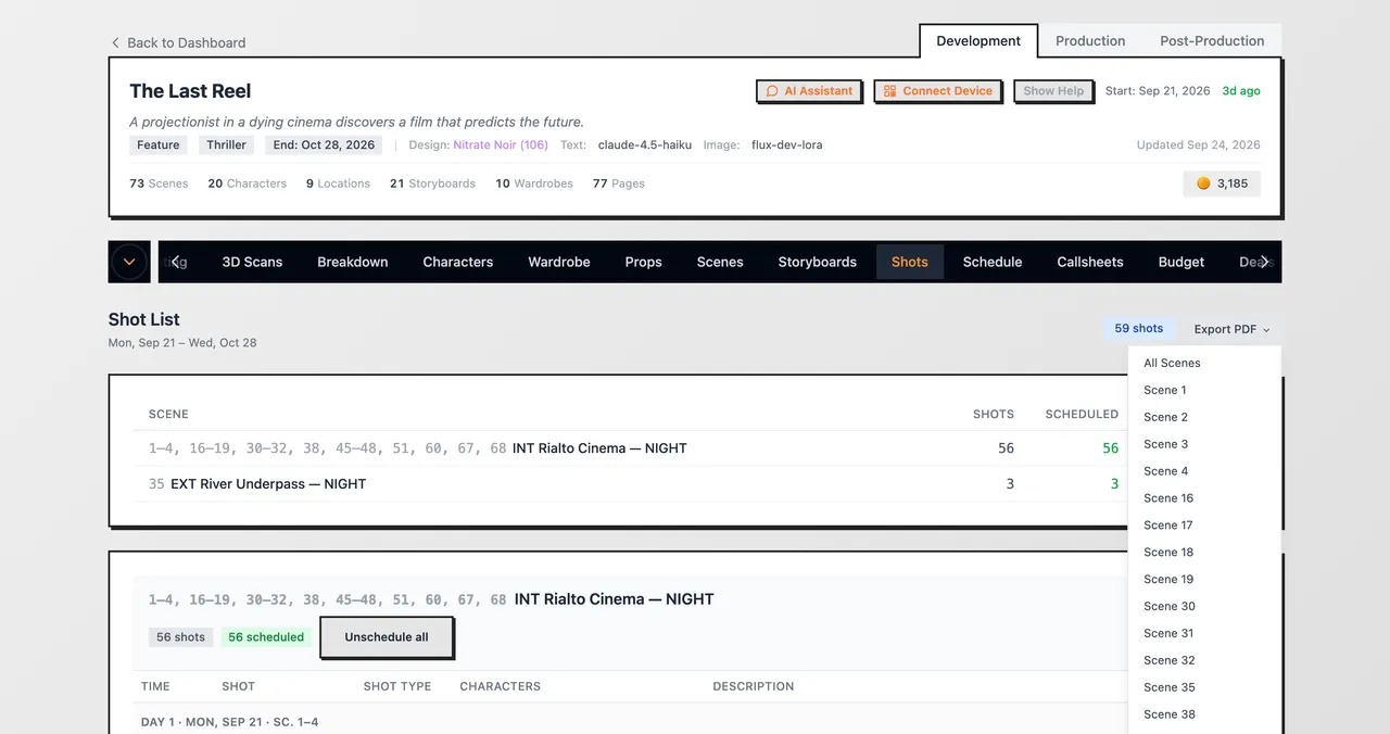 The Export PDF menu listing All Scenes and each scene number