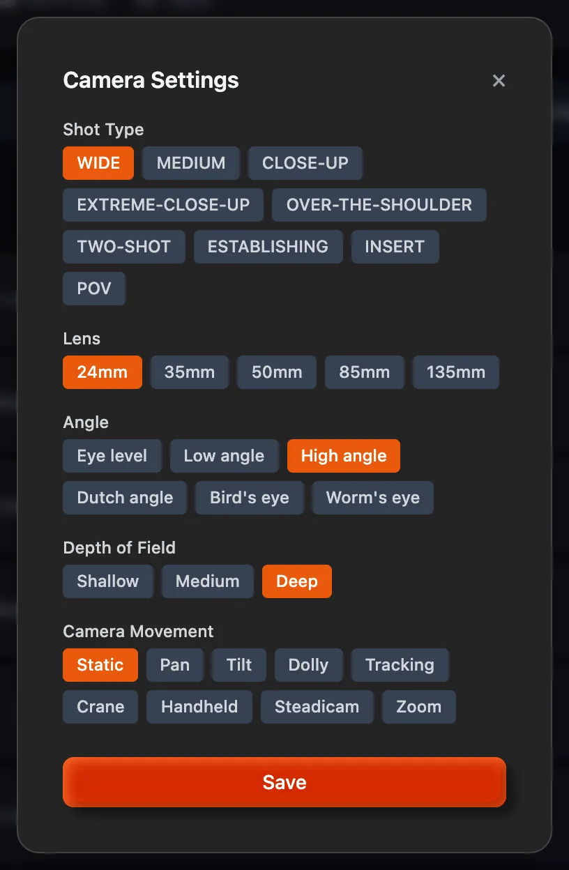 Camera Settings with shot type, lens, angle, depth of field and movement choices