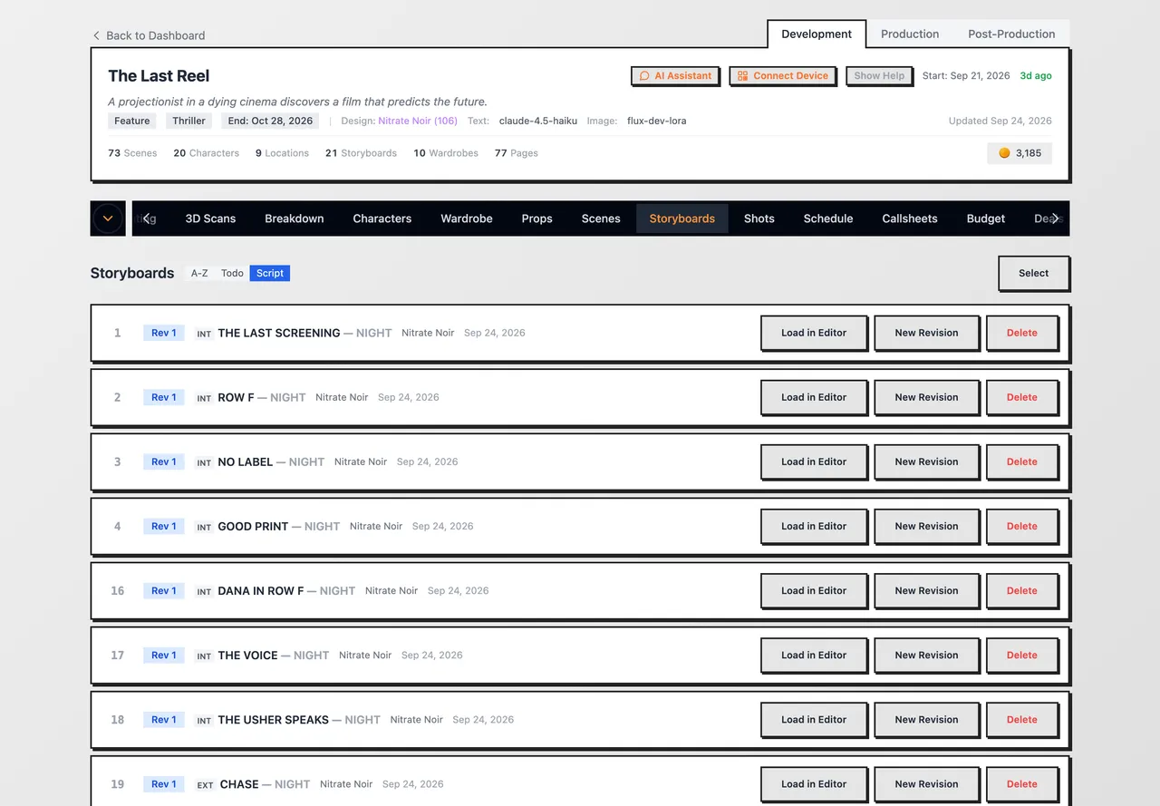 The Storyboards tab with four boards and the Unstoryboarded scenes below them