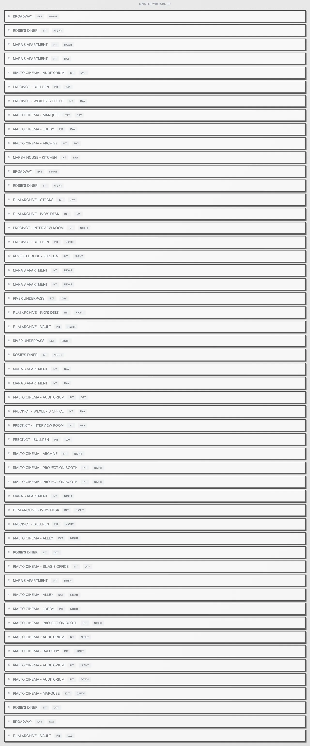 Scenes without a board, listed with their INT or EXT and time of day