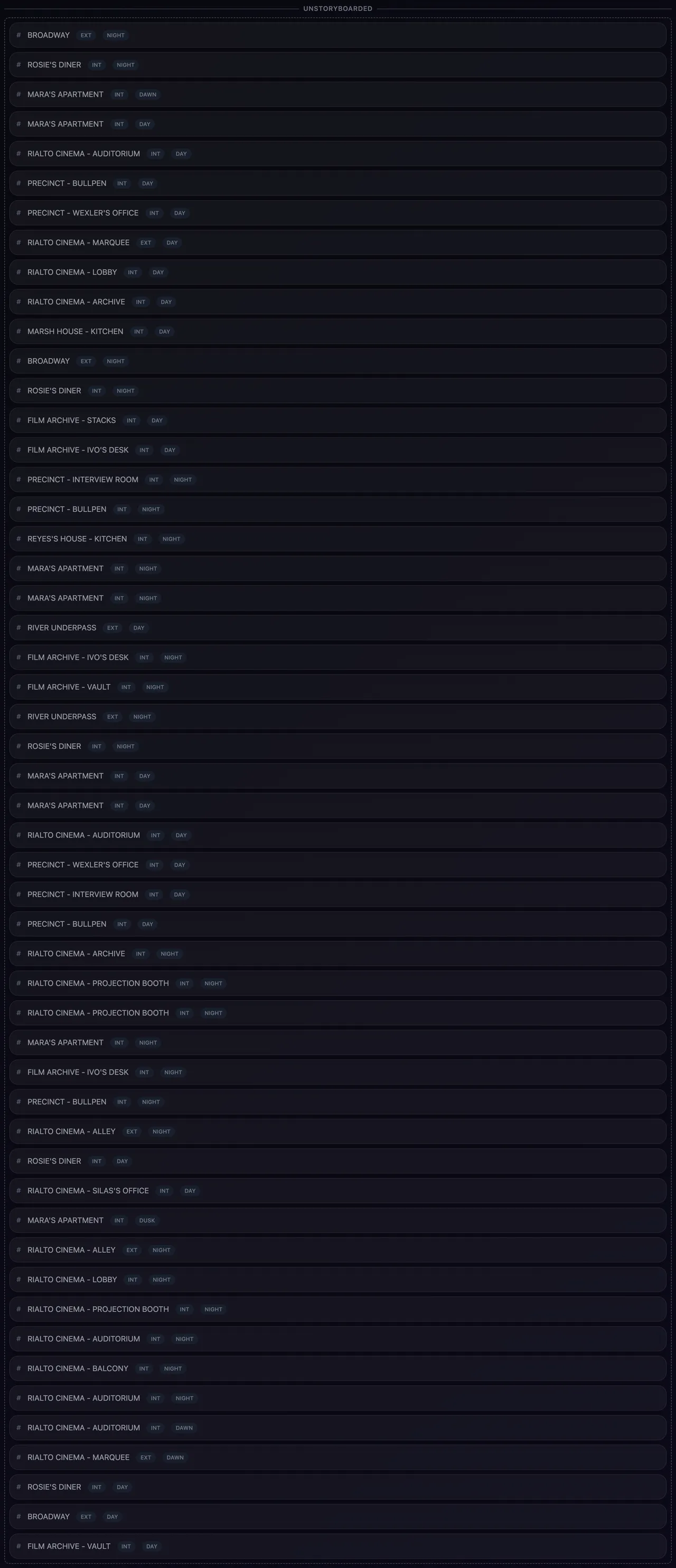 Scenes without a board, listed with their INT or EXT and time of day