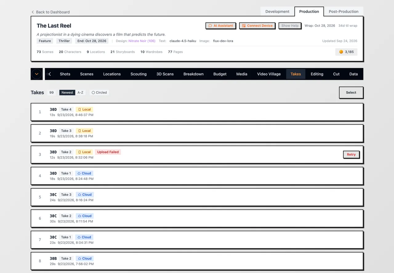 The Takes tab listing the day's footage: slate, angle, take number and length against each clip