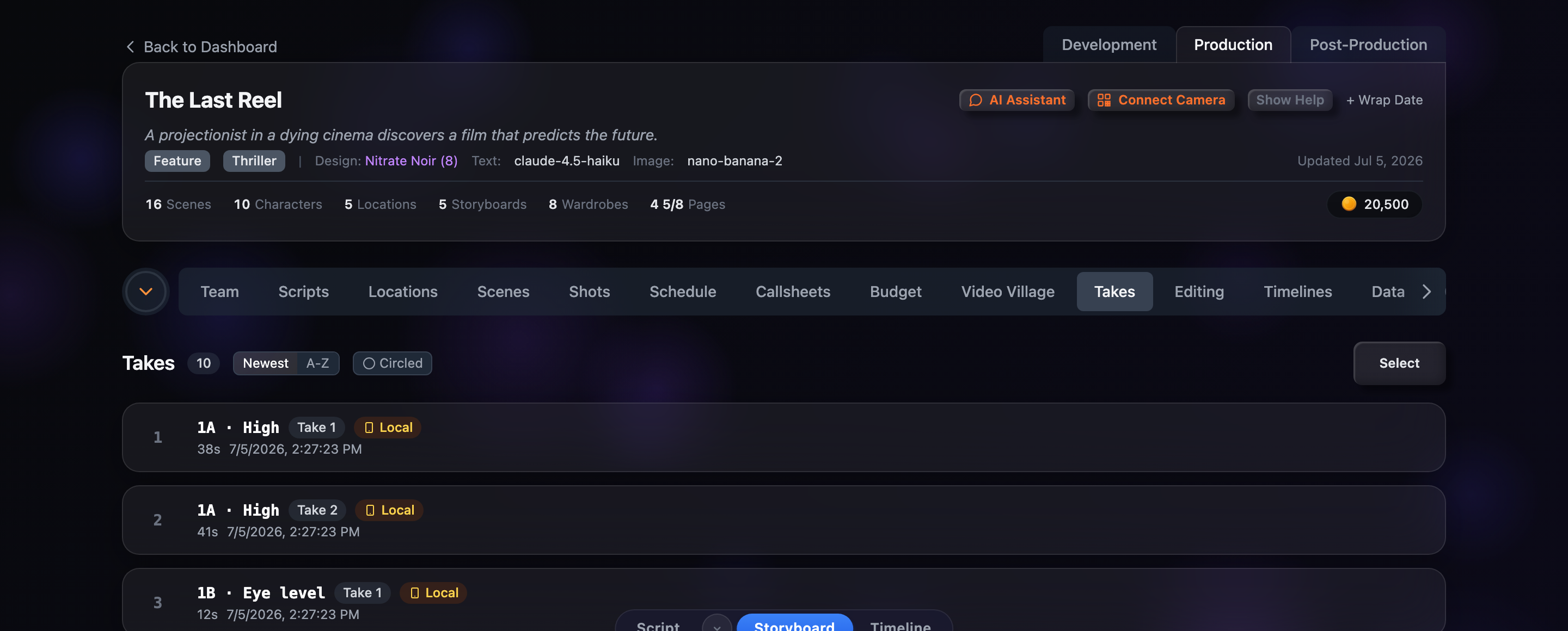 The Takes tab in the project dashboard for The Last Reel, where recorded takes are listed for review, with the Takes heading, Circled filter, and Select controls