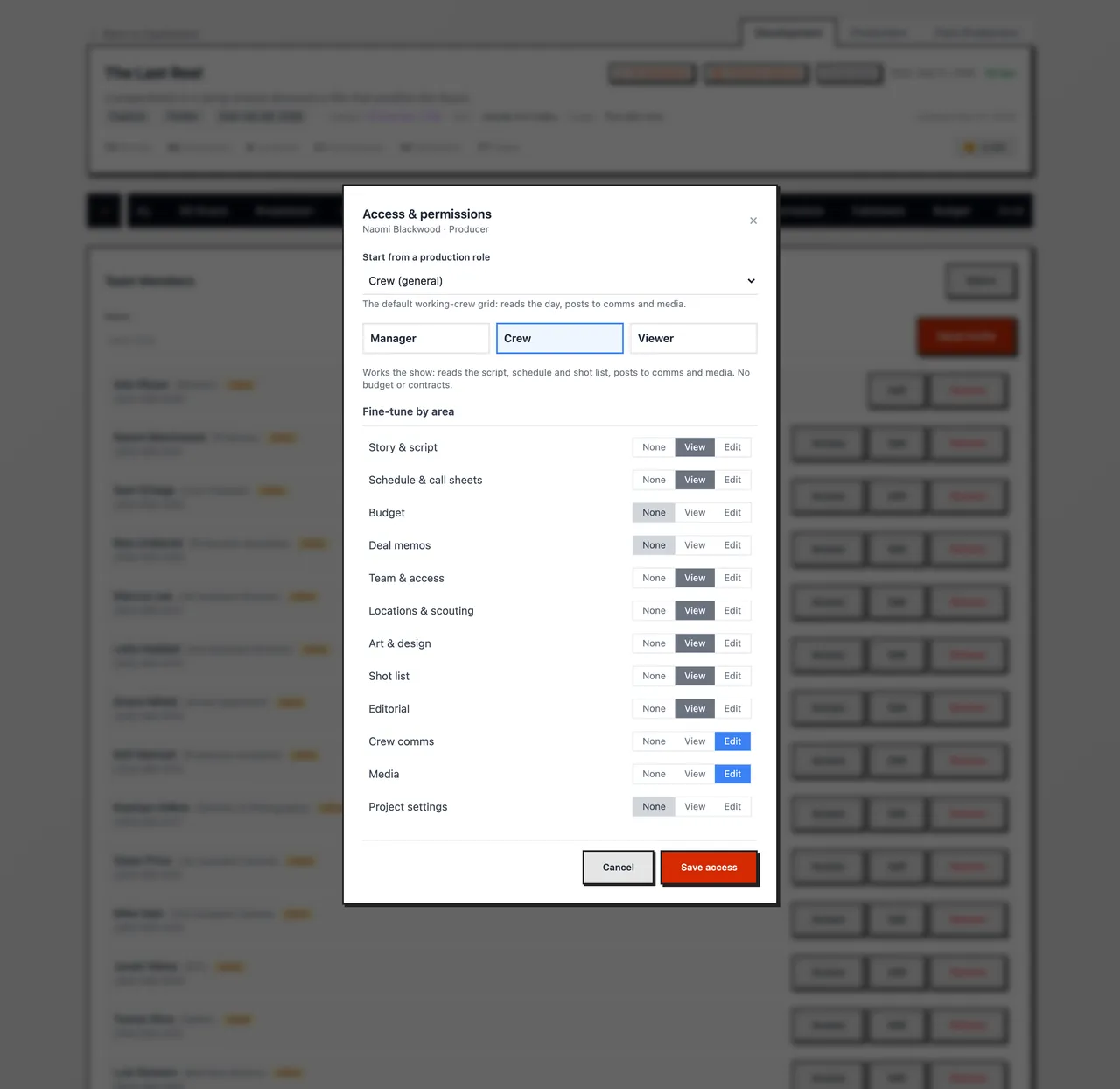 The Access & permissions dialog for a Director of Photography on the Crew level
